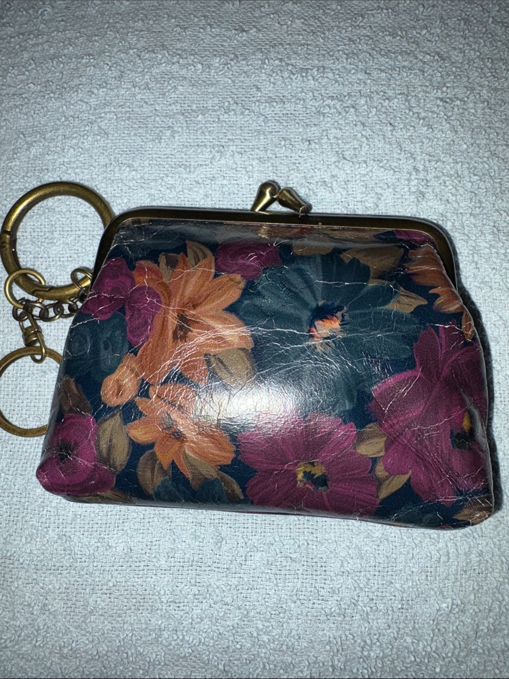Patricia Nash Floral Coin Purse Keychain in Dark Navy with Pink & Orange Blooms
